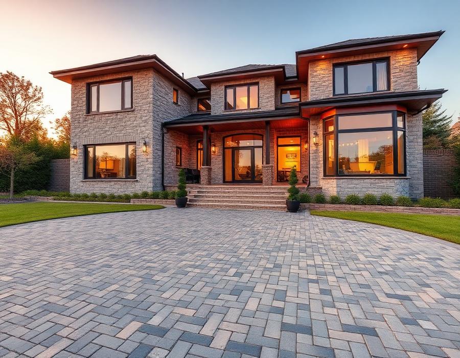 Villa exterior with granite paving and cladding