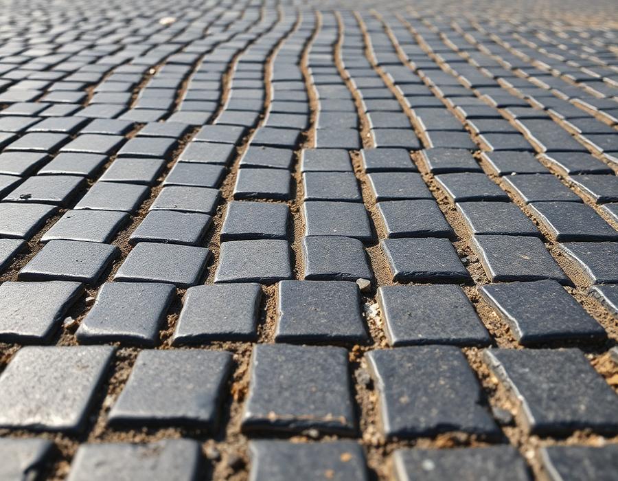 Black granite cobblestones laid in a courtyard pavement