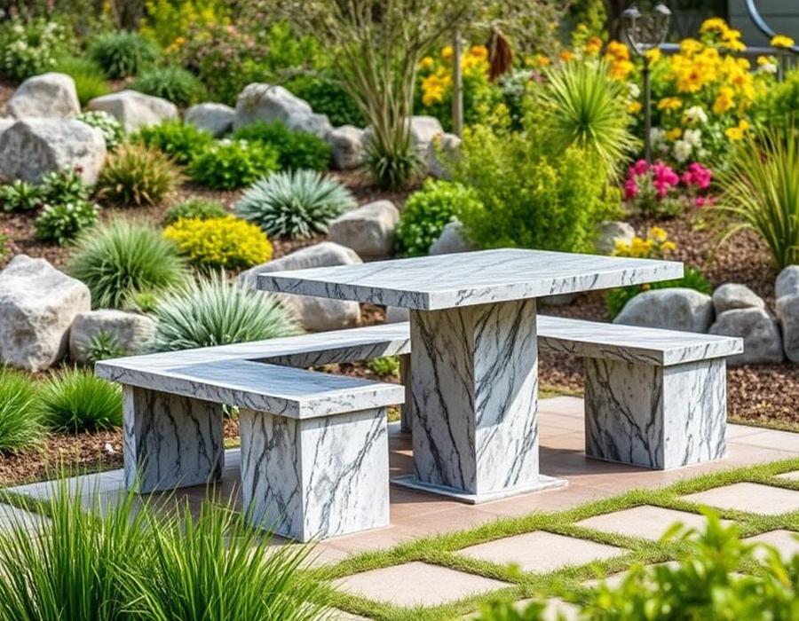 Granite outdoor table and benches