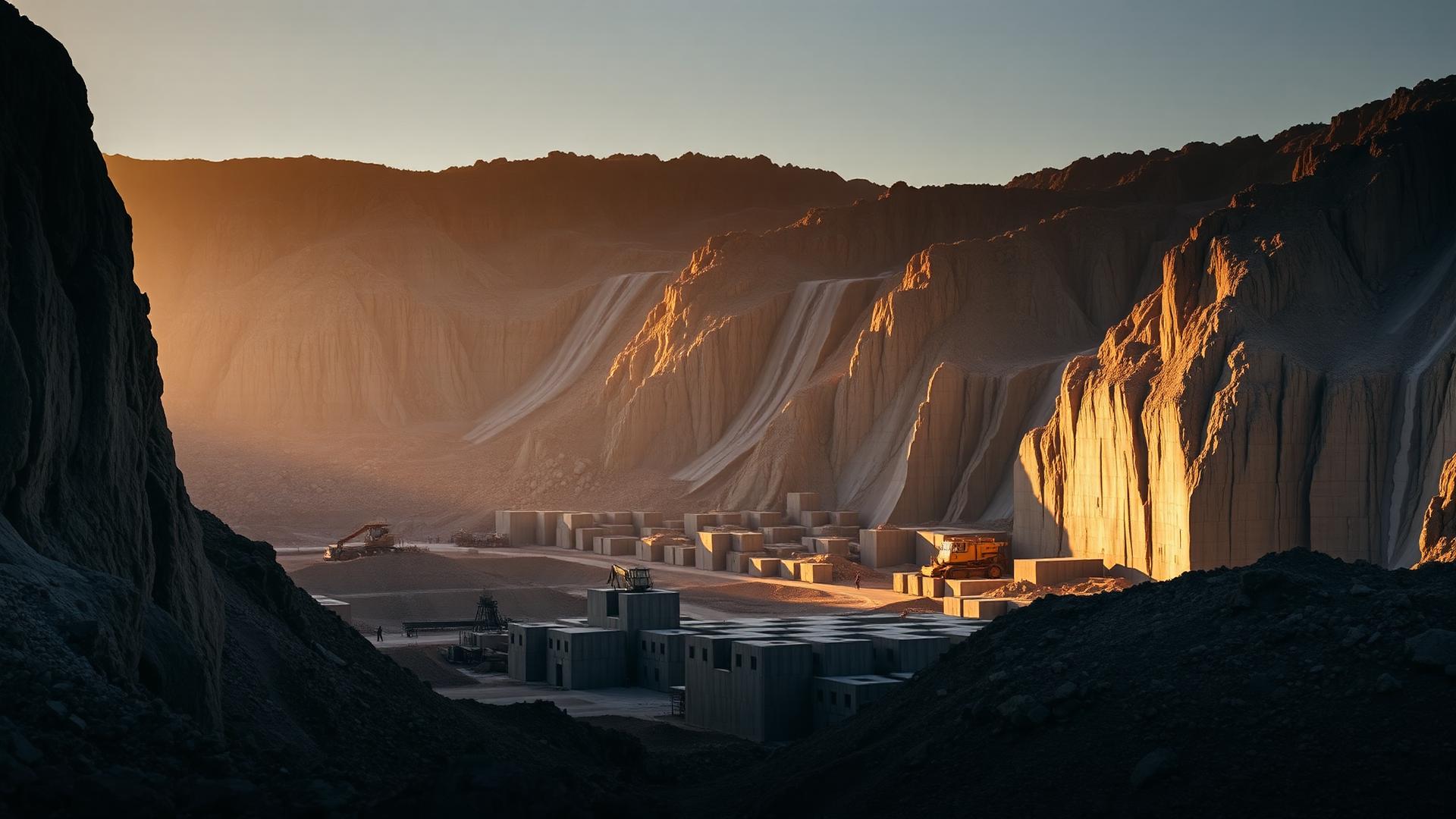 Granite quarry at golden hour with large cut stone blocks