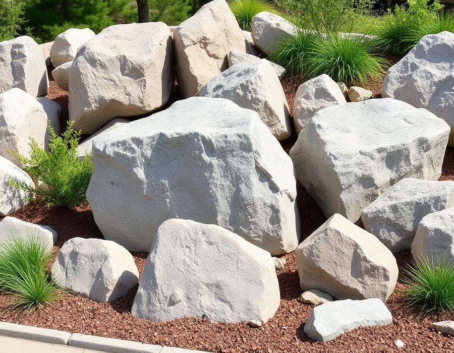 Decorative natural granite rocks in a garden